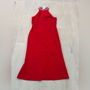MARINA Faux Pearl Embellished Hater Neck Cherry Red Dress Size Large NWOT
